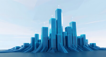 Abstract digital cityscape with a futuristic aesthetic featuring turquoise and blue buildings against a light blue sky and a sense of technological innovation.