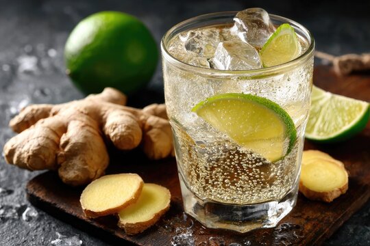Refreshing ginger lime drink in glass with ice