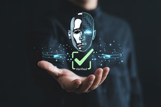 Digital identity verification concept with a half metallic half wireframe human face and a verified checkmark symbol hovering above a person s hand