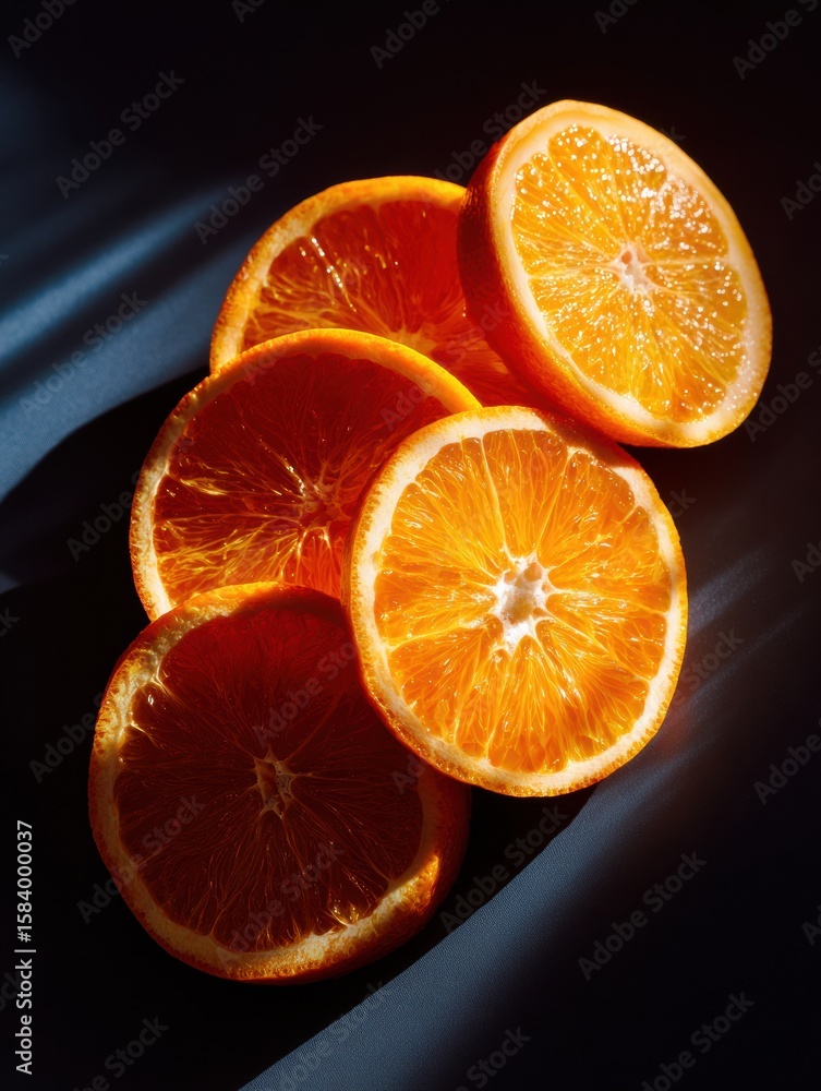 Aufkleber brightly sliced oranges arranged on a dark surface with dramatic studio lighting and defined shadows