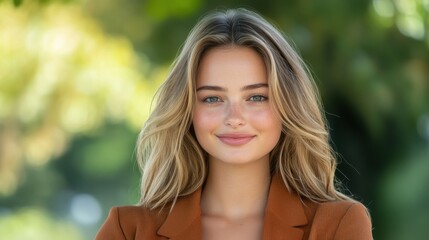 Naklejka premium Young Woman Smiling Confidently in Outdoor Setting with Soft Focus Background