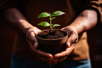 Close-Up of Hands Holding Small Potted Plant with Soil in Natural Sunlight
