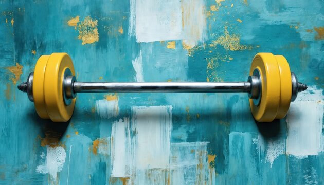 Yellow dumbbells with black weight plates on teal background. Silver barbells connect dumbbells to plates, creating symmetrical weightlifting setup. Strong, vibrant, single dumbbell, lifting