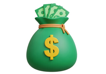 Green money bag with dollar sign and cash isolated on transparent background