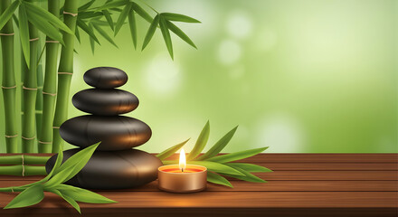 Zen Spa Scene: Bamboo, Stones, Candle on Wood