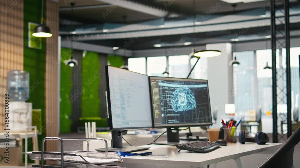 Aufkleber PC display on startup office desk showing artificial intelligence programming languages. Computer in company workspace used for AI machine learning code testing and quality assurance