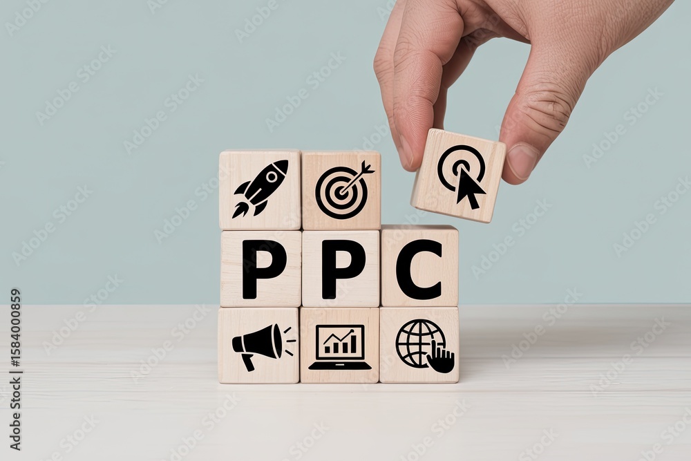 Poster hand placing a wooden block with a click icon on ppc cubes symbolizing pay per click advertising str