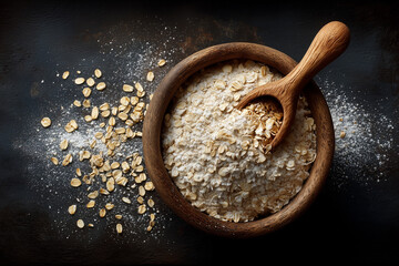 Top view of rustic wooden bowl filled with oatmeal flakes and some flour, with wooden scoop resting in oats.