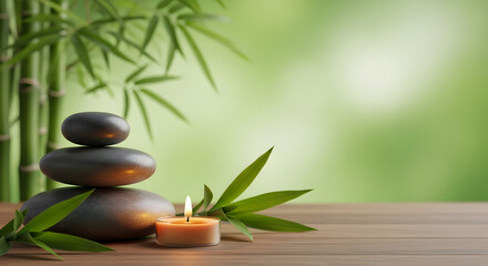 Obraz premium Zen Spa Scene: Bamboo, Stones, Candle on Wood