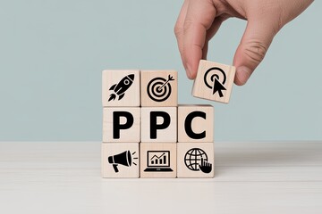 Hand placing a wooden block with a click icon on ppc cubes symbolizing pay per click advertising strategy and online marketing success