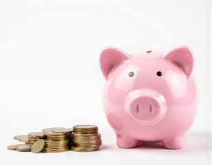 Pink piggy bank rests on gray surface against white backdrop. Curved sides and small nose add charm. Six shiny gold coins flank the bank, each distinct yet complementary.