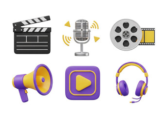Collection of media production icons including a clapperboard microphone film reel play button headphones and megaphone isolated on transparent background
