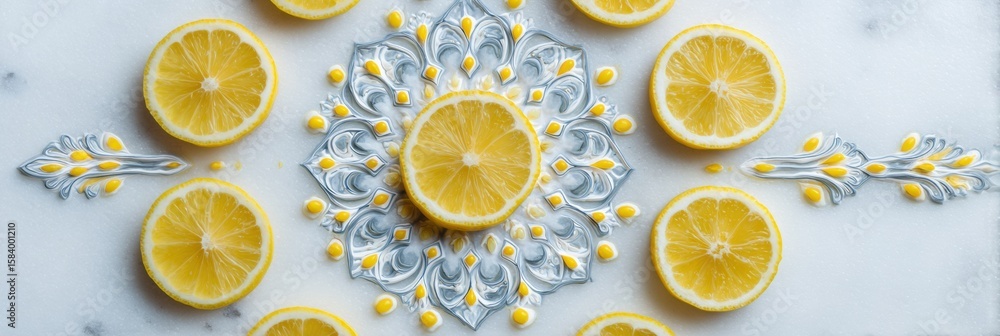 Poster lemon wedges arranged in a mandala design with an open top margin, showcasing vibrant colors and int