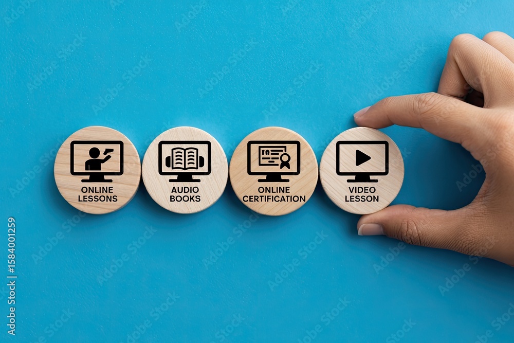 Poster hand selecting a wooden circle with a play button icon representing online video lessons from a seri