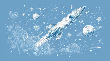Rocket blasts through space, celestial sketch