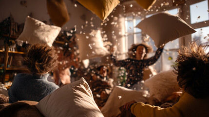 Energetic Pillow Fight Among Friends in Sunlit Living Room Captures Joy and Playfulness