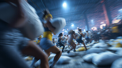 Energetic Group Pillow Fight in Industrial Warehouse with Motion Blur and Dynamic Lighting