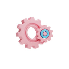 Two pink gears with a small blue gear meshing together isolated on transparent background
