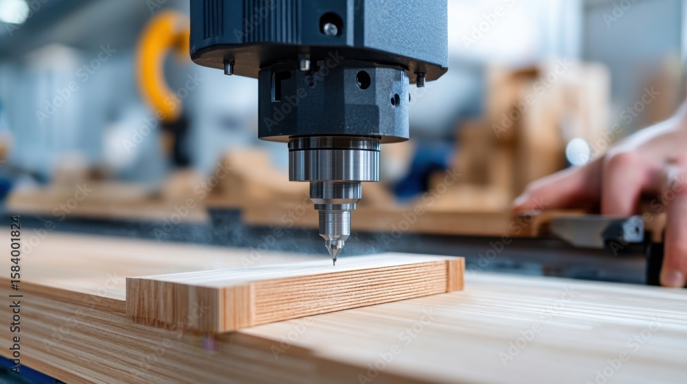 Poster precision cnc milling machine engaged in woodworking process in workshop
