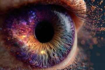 Close-up eye, galaxy-like iris, cosmic design