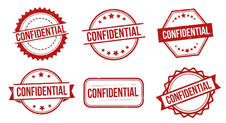 Collection of red confidential rubber stamps with stars and stripes isolated on transparent background