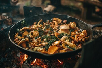 Assorted mushrooms saut?ed in cast iron over a campfire