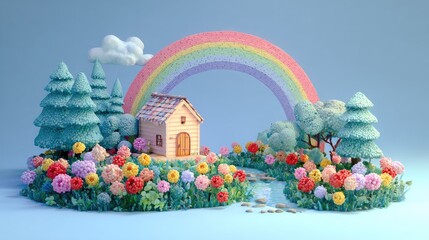 Cute, stylized, 3D scene of a wooden house nestled in a colorful flower garden, surrounded by trees and a rainbow