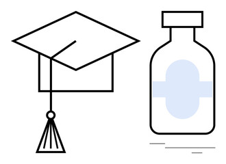 Graduation cap next to medicine bottle emphasizing education, healthcare synergy, and knowledge impact. Ideal for learning, research, medical studies, public health, career growth, innovation simple