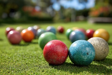 Colorful balls on a grassy field