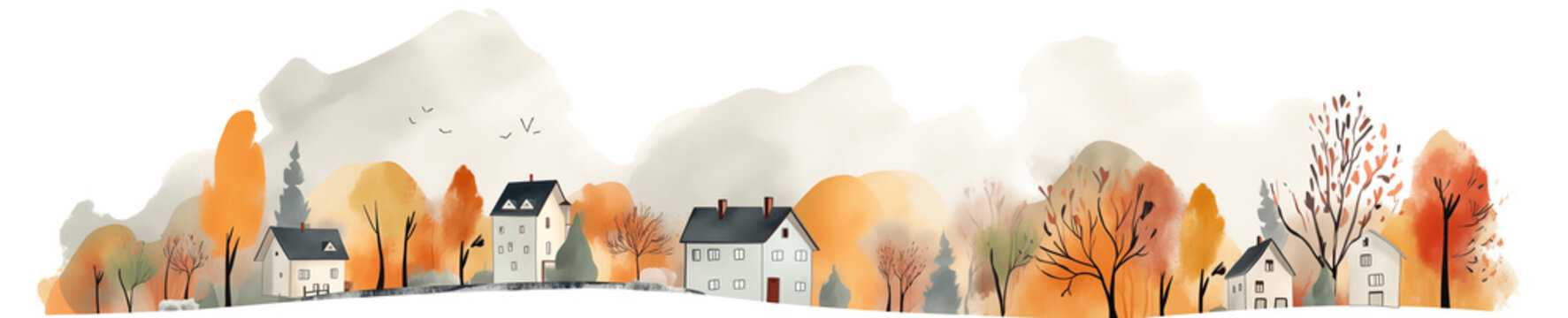autumn village landscape with small house illustration border