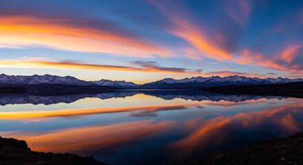 Vibrant Sunset Sky Reflecting on a Serene Lake with Snow Capped Mountains in the Distance