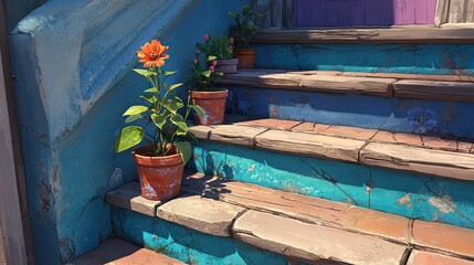 Colorful steps with potted flowers