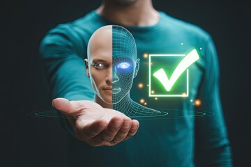 Man holding a digital representation of a human head split between realistic and wireframe with a glowing green checkmark in a box