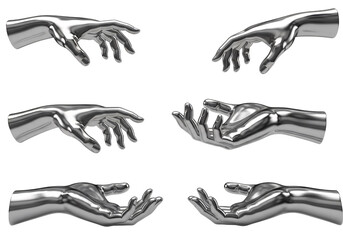 Six chrome hands reaching out and offering gestures isolated on transparent background
