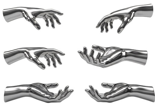Six chrome hands reaching out and offering gestures isolated on transparent background
