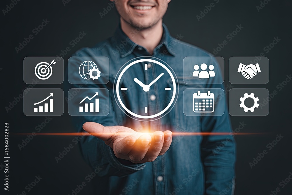 Poster man holding a glowing clock icon surrounded by business and strategy icons representing time managem