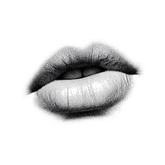 Black and white halftone dot art representation of sensual full lips isolated on transparent background