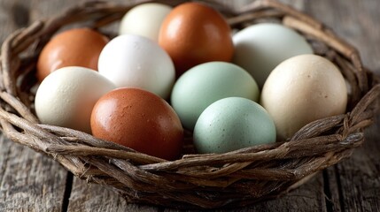 Assorted eggs in a rustic nest