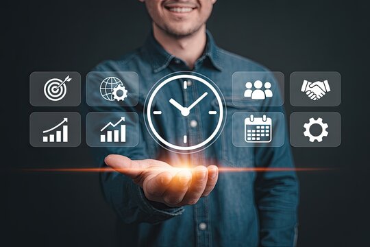 Man holding a glowing clock icon surrounded by business and strategy icons representing time management and success