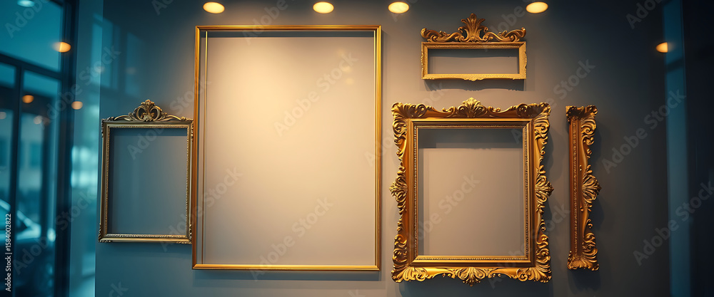 Poster elegant ornate gold frames display element set on transparent background