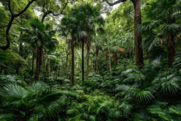 stunning summer landscape showcasing lush green tropical forests and vibrant exotic plants of  different
