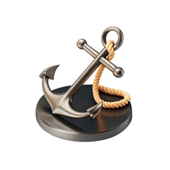 Detailed 3d render of a nautical anchor with thick rope on a dark pedestal