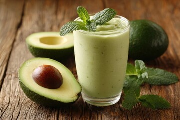 Avocado smoothie on rustic wood