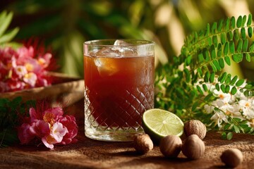 Dark cocktail with ice, lime, and tropical flowers on rustic wood