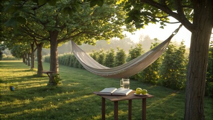 Hammock relaxation in backyard garden with book and drink for summer vacation getaway and peaceful time
