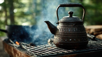 Rustic cast iron kettle over campfire