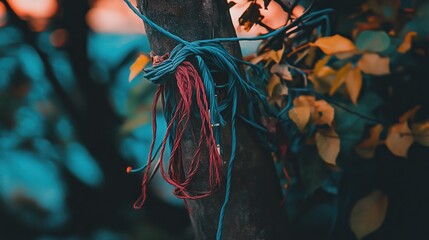 Colorful ropes tied to tree, autumn leaves background, outdoor nature scene, gardening