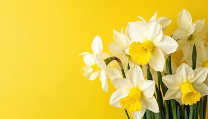 Obraz premium White daffodils bouquet arranged in two rows. Vibrant yellow petals and white centers stand out on warm yellow background. Muted yellow and darker yellow sections create balanced composition.