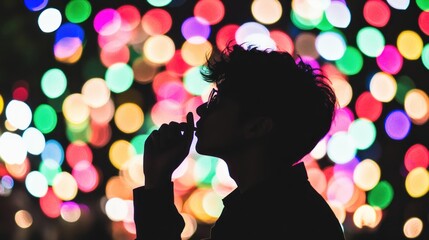 Man's Silhouette, City Lights, Night, Thoughtful Pose, Festive Background, Advertisement
