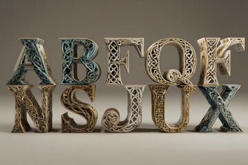 Ornate Celtic alphabet, 3D rendered letters in gold, teal and white